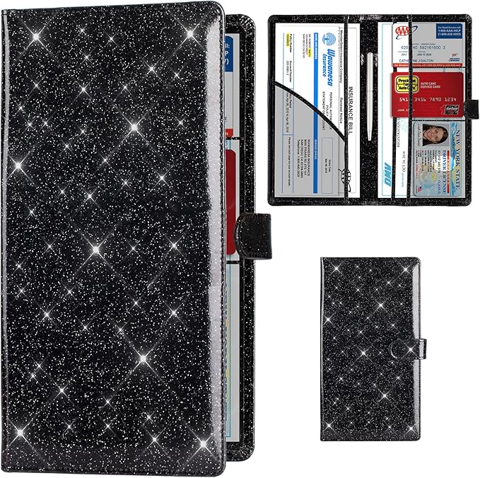 TOURSUIT Car Registration and Insurance Card Holder, Glitter Black | Vehicle License Document Organizer, Glove Box Compartment, Interior Car Accessories, For Women Men
