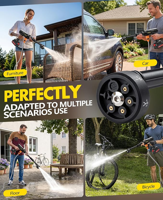 PoolLeader Cordless Car Cleaning Tool with 6-in-1 Nozzle & Foam Cannon | Lightweight Portable Design, Battery Operated Cordless Car Wash Spray, Handheld Wash Machine for Car, Patio, Home - Yellow
