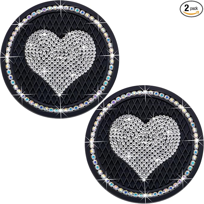 2PCS Sparkling Car Cup Holder Coaster – 2.75 Inch Silicone Insert – Non-Slip, Shockproof – Universal Auto Interior Accessories for Women Girls (Black & White)