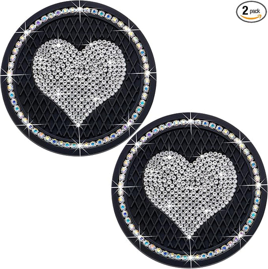 2PCS Sparkling Car Cup Holder Coaster – 2.75 Inch Silicone Insert – Non-Slip, Shockproof – Universal Auto Interior Accessories for Women Girls (Black & White)