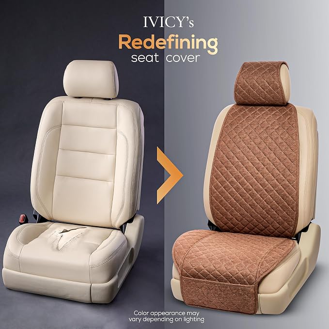 IVICY Faux Linen Front Car Seat Cover – Non-Slip Bucket Seat Protector for Most Cars, SUVs, Vans & Trucks – 1 Seat Cover, Machine Washable, Side-Airbag Friendly, Light Brown