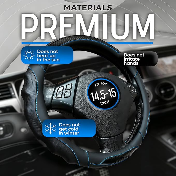 Leather Car Steering Wheel Cover, 14.5-15Inch Anti-Slip Steering Wheel Cover, Universal for Cars Truck SUV, Car Accessories (Black - Blue line)