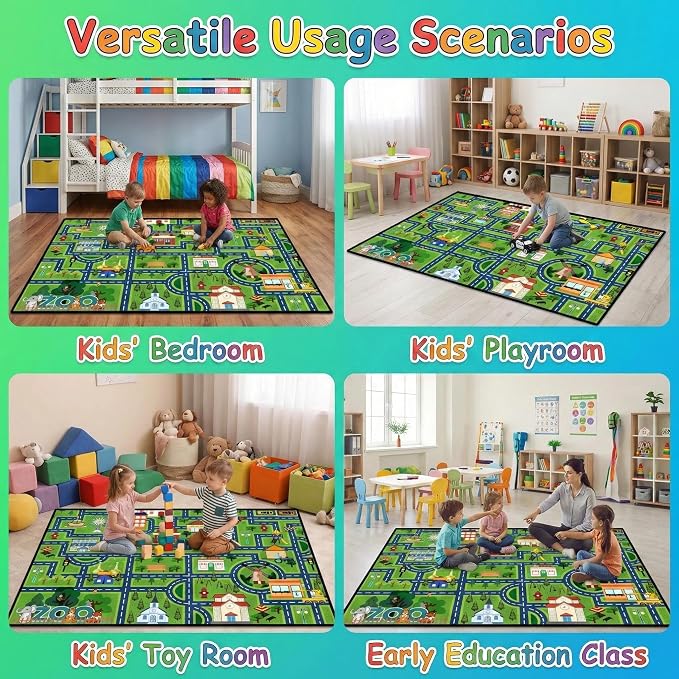 Non Slip City Road Traffic Carpet for Toy Cars, Kids Play Rug 3x5 Feet Education Town Map with Zoo and Shop Learning Area Rug for Boys Girls Playroom Bedroom
