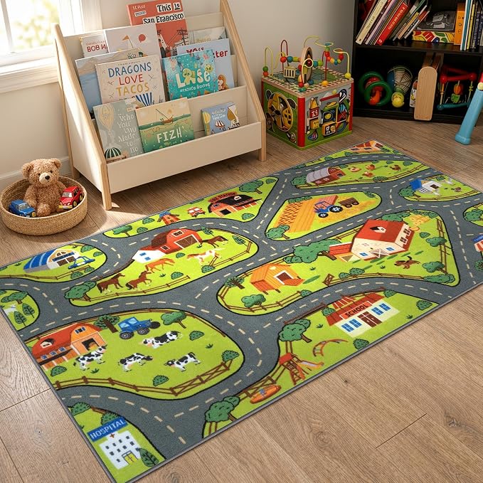 STARUIA Washable Kids Carpet Playmat Rug for Boys Room, 79"x39" Large Car Rug for Kids Toy Cars, Fun Learning Farm Road Rugs for Kids Room Bedroom Playroom