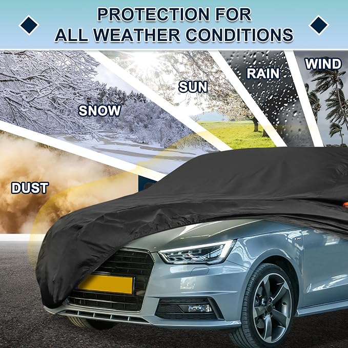 Black Heavy Duty Waterproof Car Cover for Sedan 169"-175" - All-Weather UV Protected Outdoor Full Exterior Cover with Sun/Snow/Rain Resistance