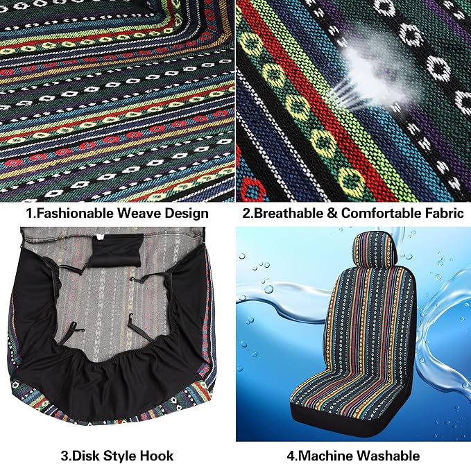 HAIYAOTIMES Baja Saddle Blanket Car Seat Covers Full Set with Seat Belt Pads, Washable Breathable Seat Covers for Cars, Universal Fit Interior Covers for Most Cars, Airbag Compatible, Red/Blue