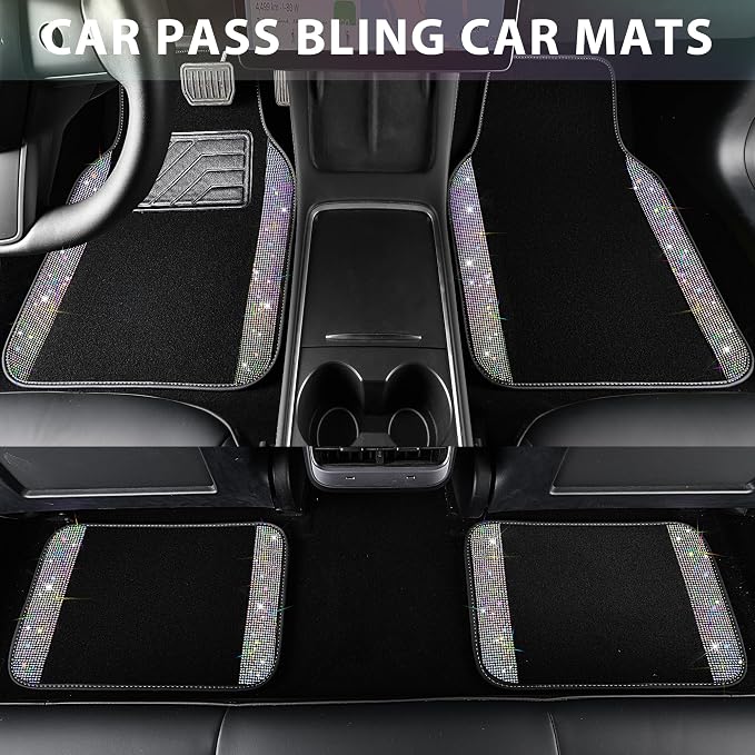 CAR PASS Iridescent Bling Rhinestones Diamond Car Floor Mats Waterproof, Anti-Slip PVC Heel Pad, Universal for Automotive SUV,Sedan,Van,4pcs Girl Women Lady Sparkly Shining Multicolor Colorful Crystal