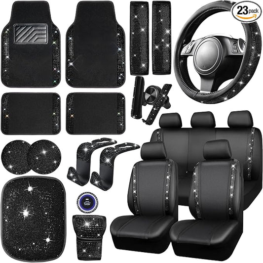 CAR PASS 23 PCS Bling Diamond Car Accessories Set for Women, Leather Seat Covers Full Set Floor Mats Steering Wheel Cover, Coasters Seat Belt Covers Phone Holder Universal Fit Car SUV Truck Van Black