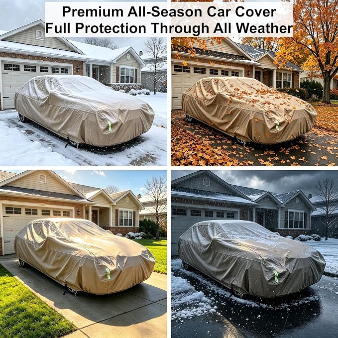 Oxford Car Cover Waterproof All Weather Protector Universal Sedan | 210D Thick Oxford Full Cover with Soft Cotton Liner for UV Hail Snow Ice Dust Protection , 9 Windproof Straps Easy Install