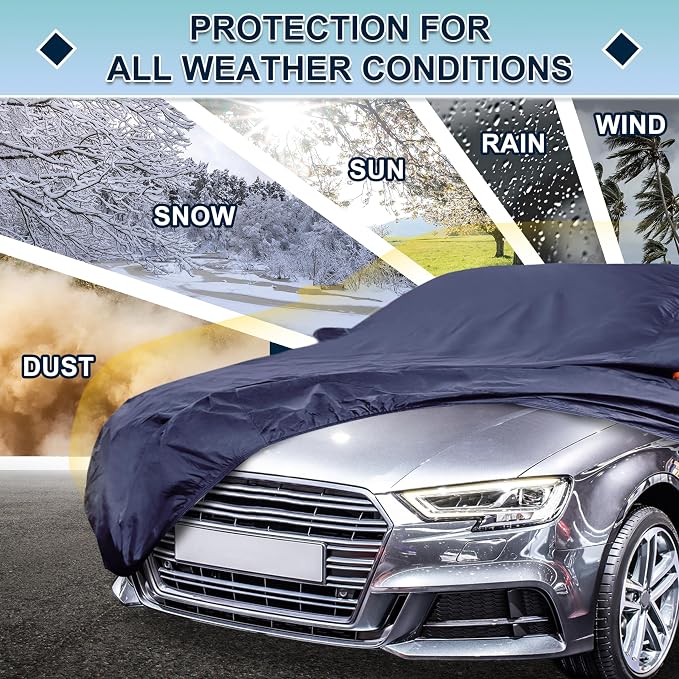 Navy Blue Heavy Duty Waterproof Car Cover for Sedan 179"-185" - All-Weather UV Protected Outdoor Full Exterior Cover with Sun/Snow/Rain Resistance