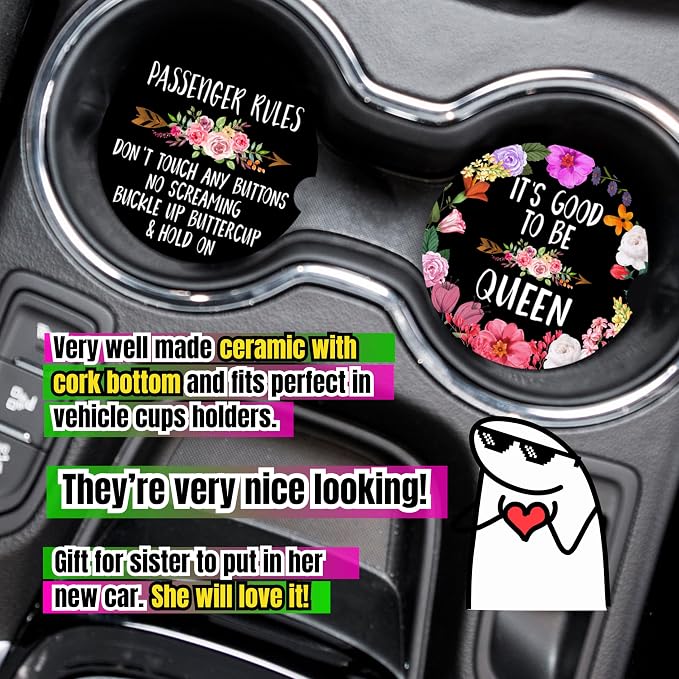 Funny Car Coasters for Cup Holders - 2 Pack Cute Flower Car Accessories for Women, Funny Sayings Floral Stuff Decor, Absorbent Ceramic Cup Holder Coaster for Car to Keep Clean, Gag White Elephant Gift