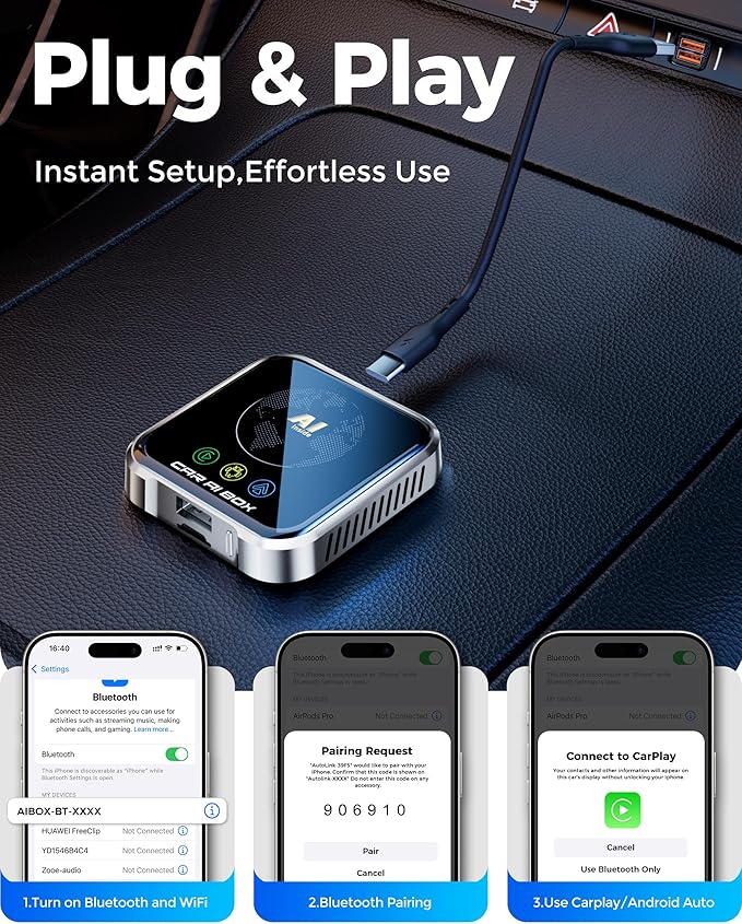 Magic AI Box Wireless CarPlay Adapter, Fast Car Video Box Plug & Play, Easy Setup, Supports Netflix/YouTube/TF Card Equalizers and More for OEM Wired CarPlay/Android Auto Cars(Smoky Gray)