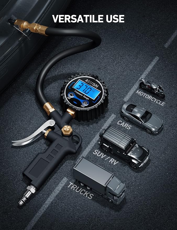 AstroAI Digital Tire Pressure Gauge with Inflator, 3-250 PSI Air Chuck & Compressor Accessories Heavy Duty with Quick Connect Coupler, 0.1 Display Resolution, 1Pack Standard, with case