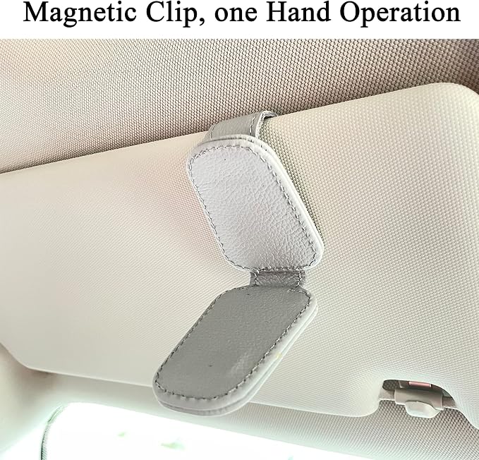 KIWEN Sunglasses Holders for Car Sun Visor, Magnetic Leather Sunglass Glasses Eyeglass Clip for Car (2, Gray)