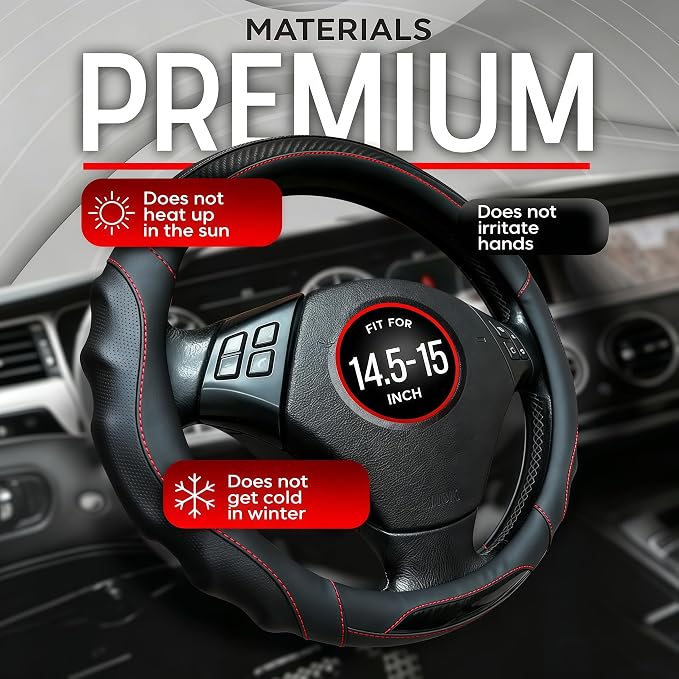 Leather Car Steering Wheel Cover, 14.5-15Inch Anti-Slip Steering Wheel Cover, Universal for Cars Truck SUV, Car Accessories (Black - red line)