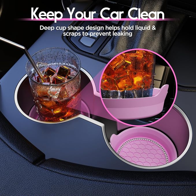 Amooca Car Cup Coaster Universal Non-Slip Cup Holders Bling Crystal Rhinestone Car Interior Accessories 2 Pack Pink