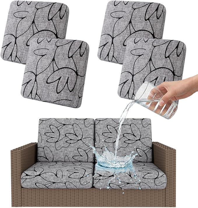 Smiry Waterproof Patio Cushion Covers, Stretch Outdoor Couch Slipcovers Replacement Washable Furniture Protector Sofa Chair Seat Cover for Dogs and Pets (4 Pcs, Grey and Black)