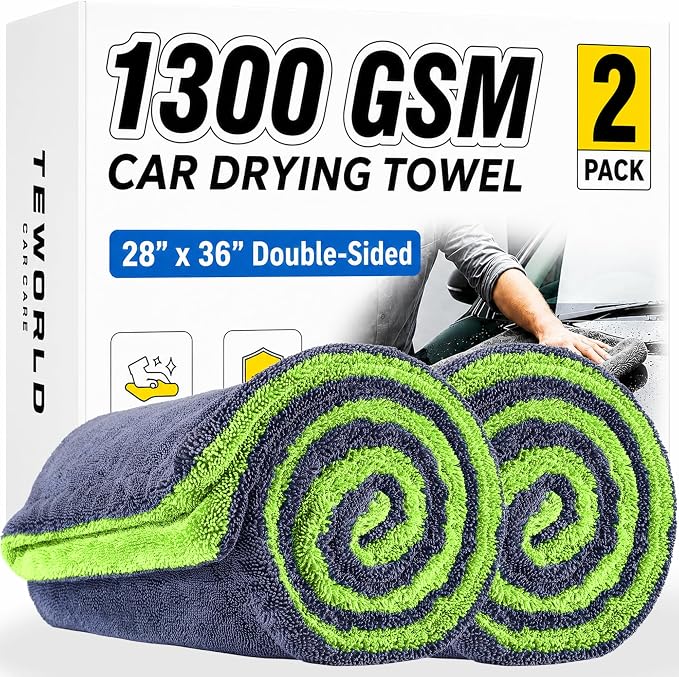 teworld® 2-Pack Car Drying Towels, Large 36 x 28 Inch, 1300 GSM, Dual-Color | Twisted Loop Microfiber Towel for Cars - Absorbent Car Dry Towel and Car Wash Towel for Streak-Free, Paint-Safe Car Detailing