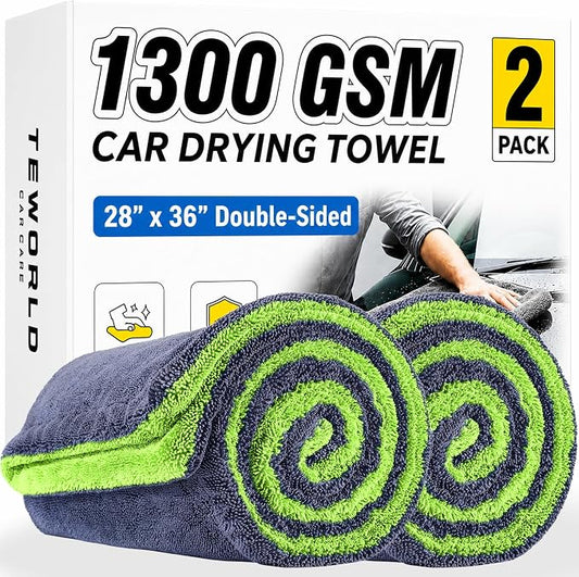 teworld® 2-Pack Car Drying Towels, Large 36 x 28 Inch, 1300 GSM, Dual-Color | Twisted Loop Microfiber Towel for Cars - Absorbent Car Dry Towel and Car Wash Towel for Streak-Free, Paint-Safe Car Detailing