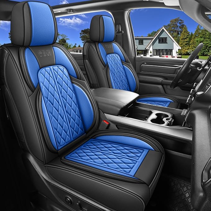 Car Seat Cover Custom Fit for Ford F150 2009-2026 Faux Leather Seat Cover Set Compatible with Regular Cab Super Cab Super Crew Pickup Truck Cushions (Black & Blue, Full Set)