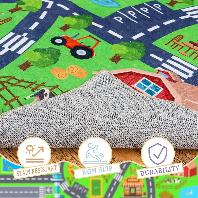 Kids Room Rug, Non-Slip 4x5ft Car Rug City Road Play Mat Rugs Playroom | Soft, Durable Childrens Road Carpet Playmat, Washable Kids Play Rug, for Classroom Bedroom Boys, Flame Resistant