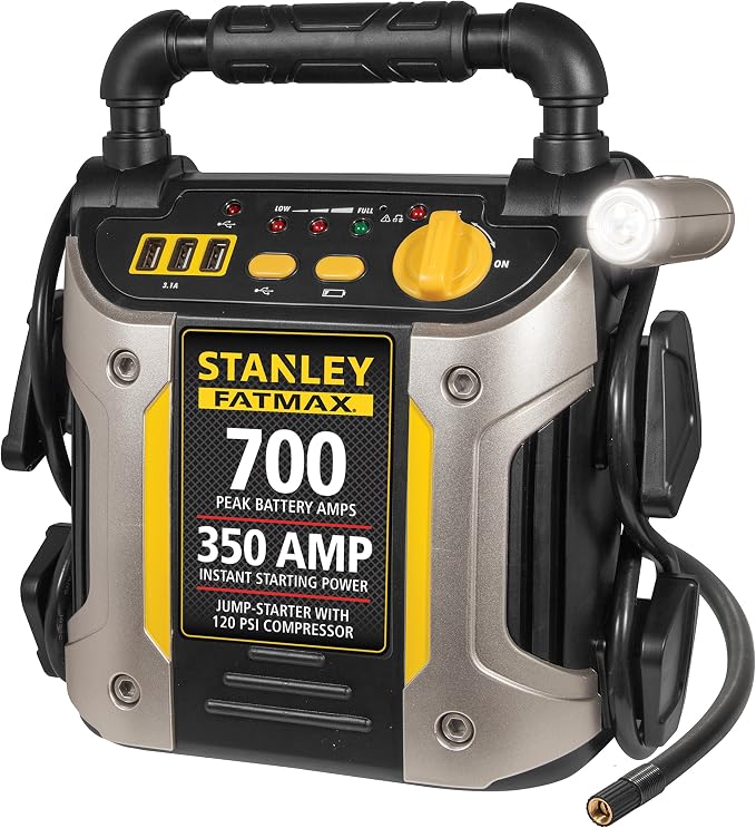Stanley J7CS 700 Peak Amp Automotive Jump Starter, Portable Power – Triple 15W USB Ports, 120 PSI Air Compressor | Portable Power Station with Triple 15W USB