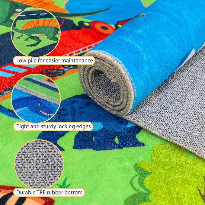 Kids Rugs for Playroom - Non-Slip 3x4 ft Car Rug Dinosaur Play Mat | Soft Fabric, Dinosaurs Carpet, Washable Car Rugs Road Carpet, for Classroom Nursery Bedroom Boys, Stain and Flame Resistant