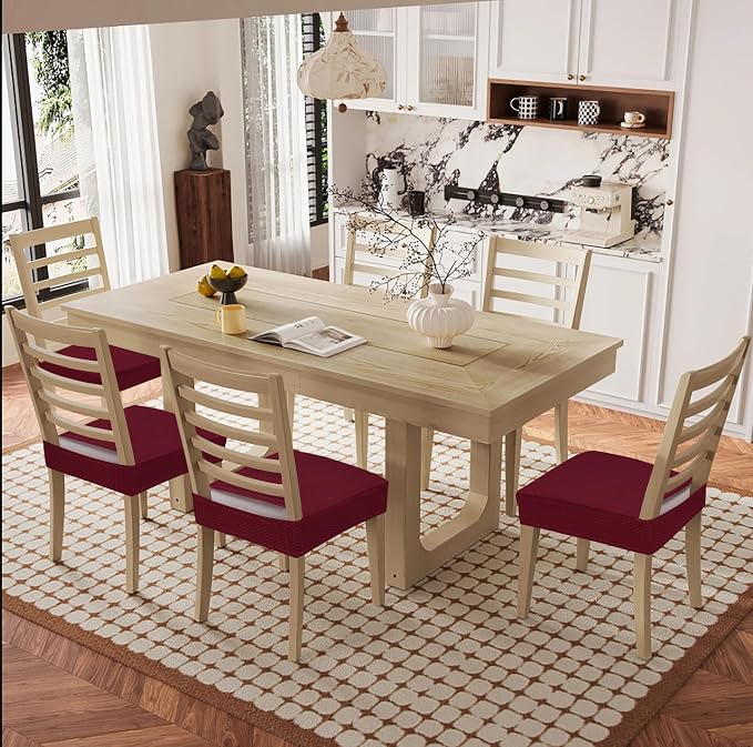Smiry Waterproof Seat Covers for Dining Room Chairs Set of 6, Stretch Jacquard Removable Washable Chair Seat Slipcovers Protector, No Rear Covers, Wine Red