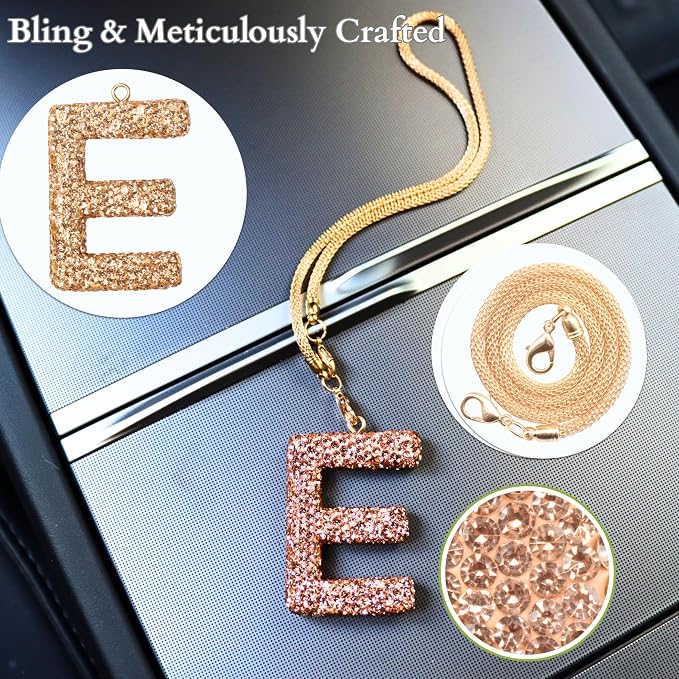 Bling Car Accessories for Women Letter Charm, Rainbow Crystal Rearview Mirror Pendant, Cute Diamond Rhinestone Car Decor, Lucky Gift for Women(E, Champagne Gold)