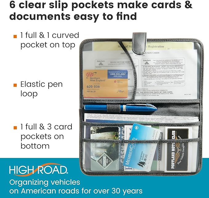 High Road Car Visor Organizer and Registration and Insurance Card Holder | Faux Leather Visor Document Holder With 6 Clear Pockets for Receipts, Registration Paperwork and Insurance Cards