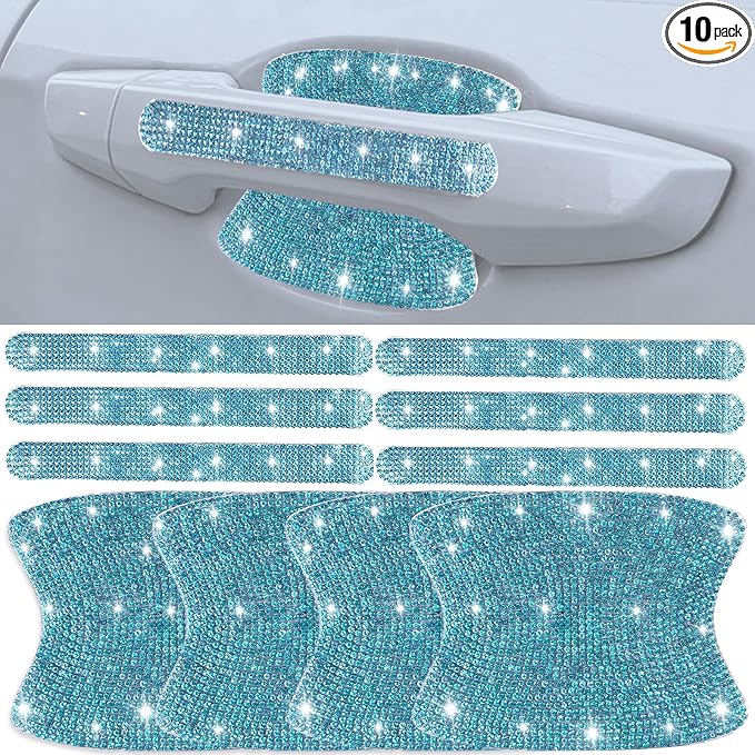 10 pcs Bling Diamond Car Door Handle Stickers, Bling Car Accessories for Women, Universal Rhinestone Crystal Glitter Door Handle Protector Stickers and Decals, Scratch Safety Reflective (Aquamarine)
