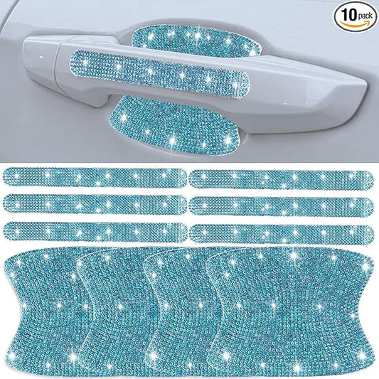 10 pcs Bling Diamond Car Door Handle Stickers, Bling Car Accessories for Women, Universal Rhinestone Crystal Glitter Door Handle Protector Stickers and Decals, Scratch Safety Reflective (Aquamarine)