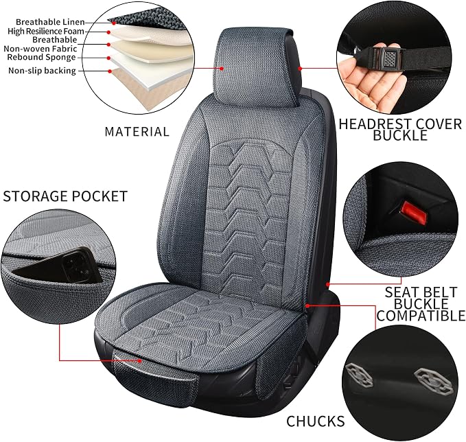 Linen Car Seat Covers Breathable Cloth Fabric Seat Protector Front Seat Covers Universal Fit for 95% Automotive, Car, Van, SUV, Trucks（Gray，2PCS）