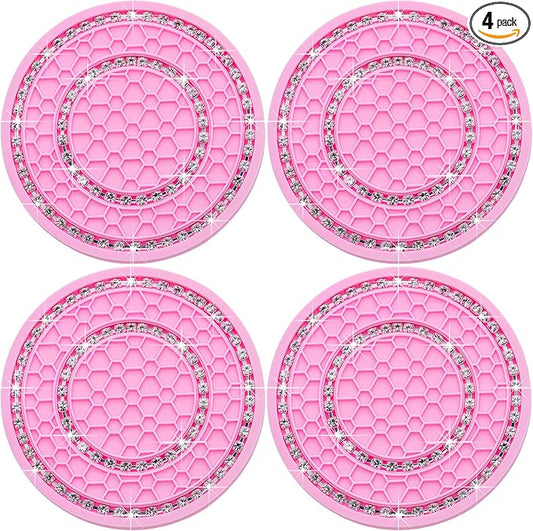 4PCS Bling Crystal Rhinestone Cup Holder Coaster, 2.75 inch Soft Silicone Anti-Slip Shockproof, Car Cup Holder Insert Coasters, Universal Car Interior Accessories for Women (Pink & White)