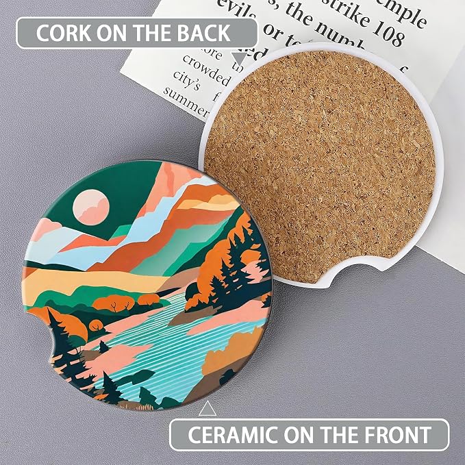 Mountain Car Cup Holder Coaster,Forest Tree Lake Sunset Car Coasters for Cup Holder,2 PCS Absorbent Insert Ceramic Car Assecories with Cork Back & Finger Notch for Women Men