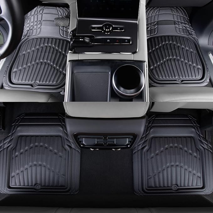 CAR PASS Carbon Fiber Leather Car Floor Mats -3D Waterproof All Weather, Universal Trim to Fit & Anti-Slip Burr Bottom Safety & Light Easy Clean Install for SUV Truck Auto Sedan Van(Black)