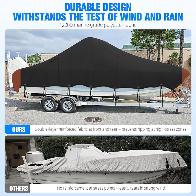Center Console Boat Cover 20-22ft, 1200D Waterproof Boat Cover with Motor Cover, Trailerable Boat Cover for Center Console Boat, Heavy Duty Marine Grade UV Resistant Polyester Fabric, Black