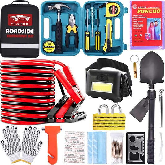 YILAIRIOU Emergency Roadside Kit for Car - Roadside Safety Tool Kit,with Jumper Cables Car Kits Headlamp Folding Shovel Safety Hammers Tow Rope, Emergency Roadside Car Kit