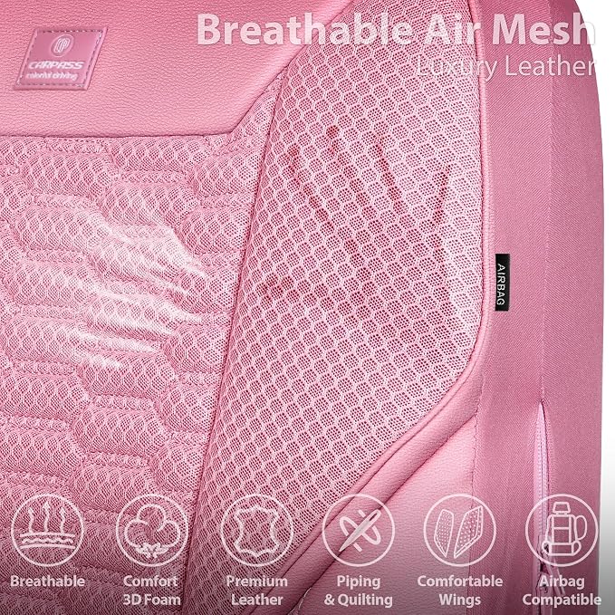 CAR PASS 3D Foam Mesh Leather Car Seat Covers Full Set, Pink Breathable Mesh Faux Leather Seat Covers for Women, Universal Fit for Car SUV Truck Sedan Automotive, Armrest Airbag Compatible, All Pink