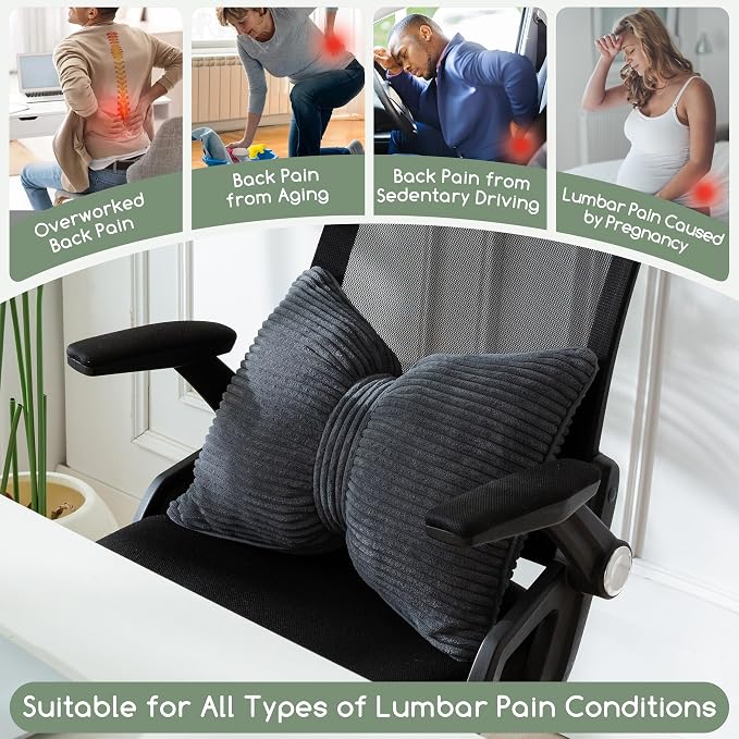 HIGOGOGO Lumbar Support Pillow for Recliner Chair, Bow Knot Shaped Back Support Cushion, Striped Corduroy Soft Decorative Lumbar Pillow for Office Chair, Sofa, Car, Bed, Living Room - Dark Grey