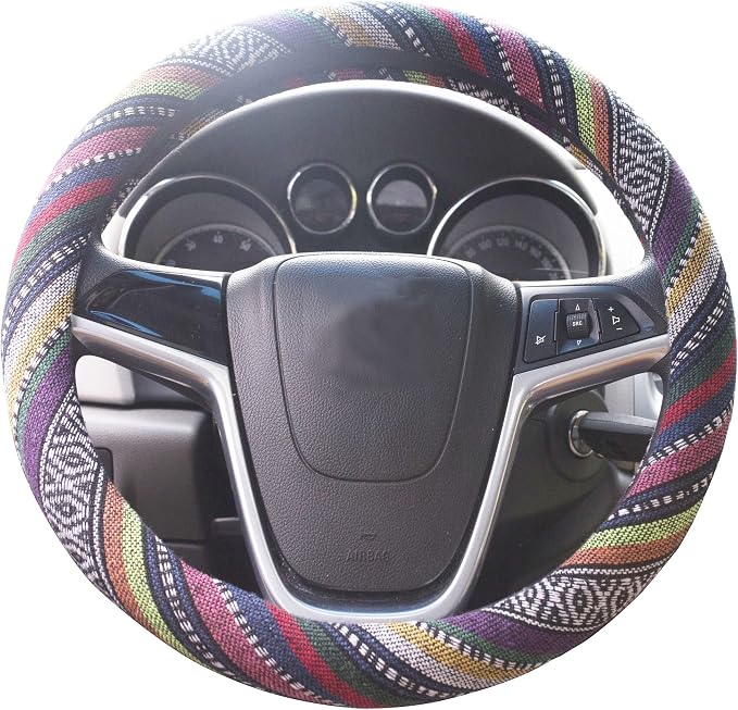 Medium Ethnic Style Coarse Flax Cloth Automotive Steering Wheel Cover Anti Slip and Sweat Absorption Auto Car Wrap Cover (14.5''-15'',B)