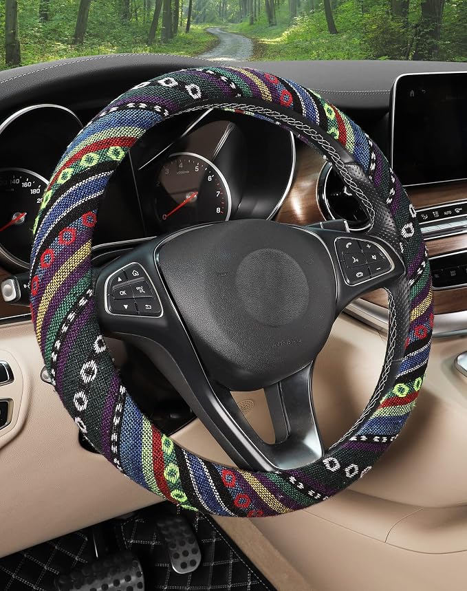 SEG Direct Boho Steering Wheel Cover, Baja Blanket Cloth, Coarse Flax | Bohemian Car Decor, Ethnic Style, Coarse Flax, Fabric Cover Fits 14 1/2-15 1/4 inches Standard Medium Size, for Women Men