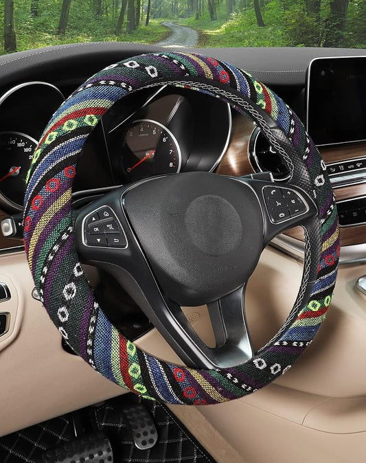 SEG Direct Boho Steering Wheel Cover, Baja Blanket Cloth, Coarse Flax | Bohemian Car Decor, Ethnic Style, Coarse Flax, Fabric Cover Fits 14 1/2-15 1/4 inches Standard Medium Size, for Women Men