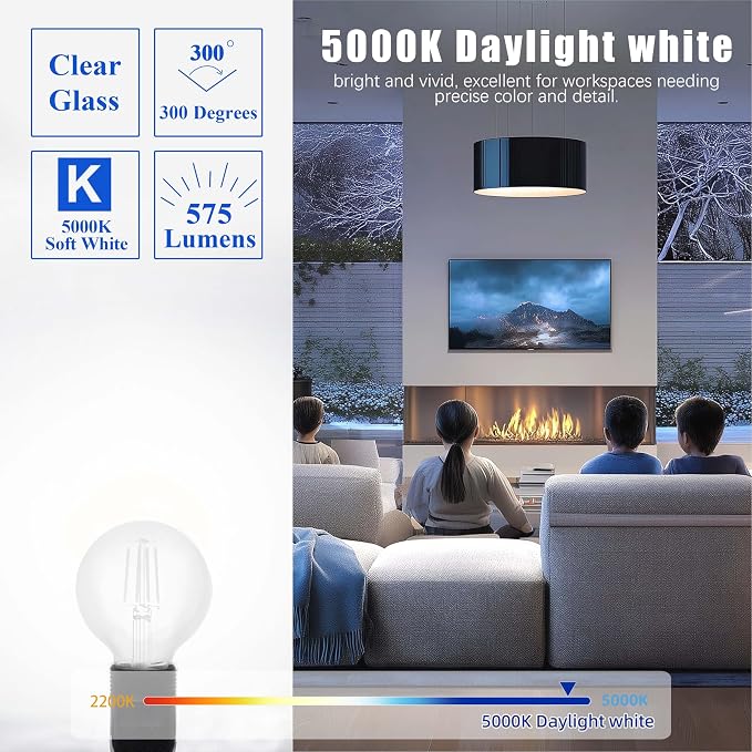 Mastery MART G25 Globe Light Bulbs, Dimmable, E26 Base, 60W Equivalent, 5000K Daylight White, Vintage Filament for Bathroom Mirror, 5.5W LED, UL Listed, Energy Star, 6-Pack