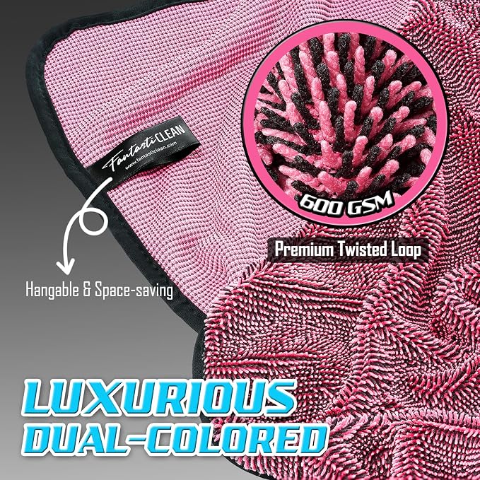 Fantasticlean Microfiber Car Drying Towels- 2 Pack, 32‘’ by 24'' (Pink) | Dual-Colored Twisted Loop, Ultra Absorbent, Scratch-Free Premium Detailing Cloth for Car, RV, Motorcycles, Trucks