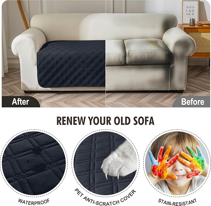 Genina Waterproof Couch Cover, Washable Anti-Slip 86.6 inch Sofa Covers with 4 Cushions, Sectional Couch Covers for Pets Friendly, Sofa Slipcovers for Dogs Cats, (86inch/Navy Blue)
