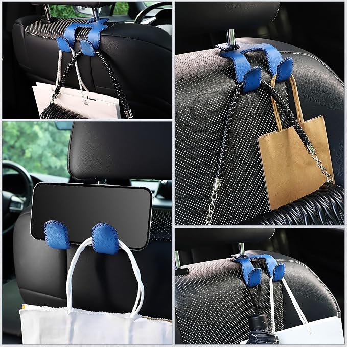 LivTee Upgraded Superior Leather Car Seat Back Headrest Hook, 2 in 1 Auto Seat Hook Hangers Holder Organization Interior Accessories for Purses Coats Umbrellas Grocery Bags Handbag (Blue)