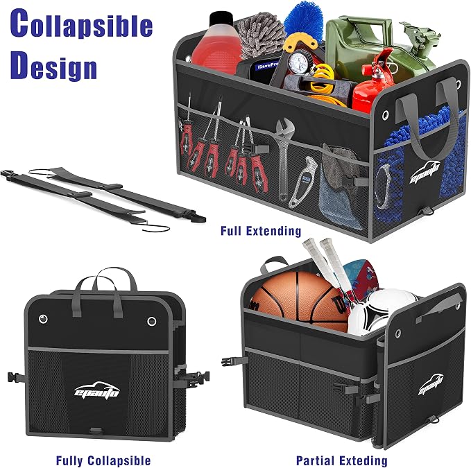 EPAuto Car Trunk Organizer with Lid & Adjustable Multi Compartment for SUV | with Side Pockets and Securing Straps, Foldable