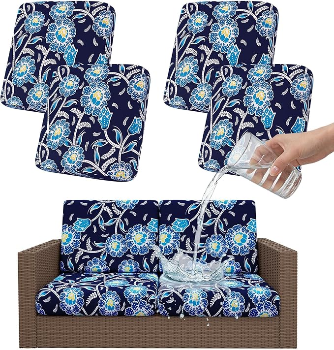 Smiry Waterproof Patio Cushion Covers, Stretch Outdoor Furniture Covers | Couch Slipcovers Replacement, Washable Furniture Protector, UV-resistant Sofa Chair Seat Cover for Outdoor and Indoor, 4 Pcs