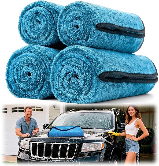 Aidoclip 4PCS Car Drying Towel Microfiber Detailing Kit - 36x24 in Car Towels Cleaning Supplies, Reusable Shammy Quick Dry Cloth for Carwash, for Auto, Boat, RV, Garage & Home (Blue)